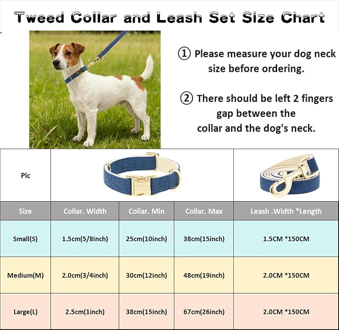 Luxury Soft Cotton Tweed Fabric Dog Collar & Leash Set with Gold Buckle – Durable Fabric, Stylish Design for Everyday Walks(Medium Navy)