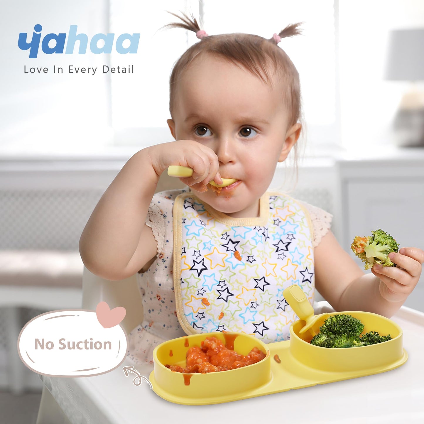 yahaa Toddler Plates Travel Essential on the go,Baby Plates with Forks and Spoons Self Feeding 6 months,Foldable,Silicone,BPA Free,Lemon