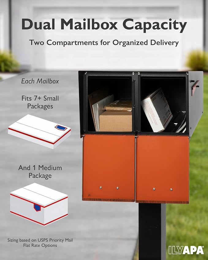 Ilyapa Black Double Mailbox, Post Mount Mailboxes for Outside- Two Sided Mail Box for 2 Houses with Standard Single Mounting, Door Numbering Kit, Outdoor All Weather with Magnetic Doors