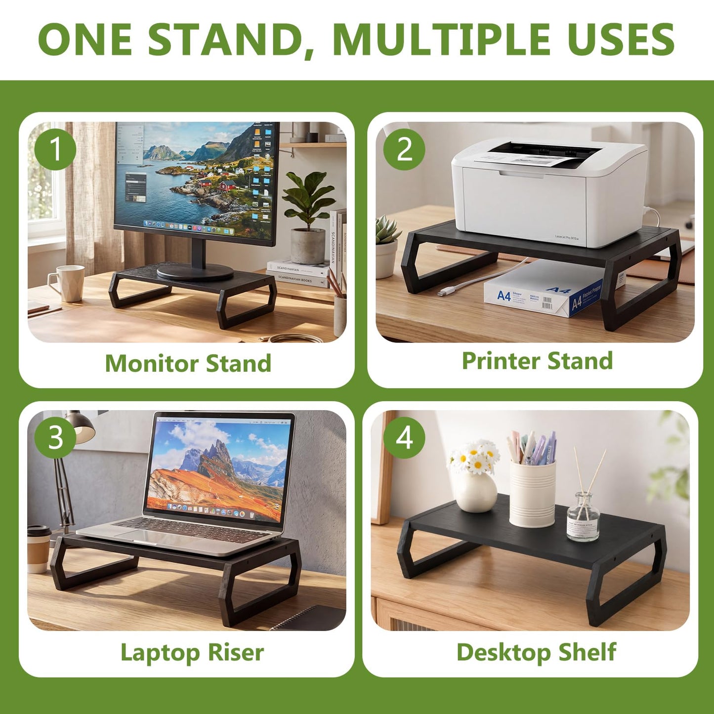 Wenqik Wood Monitor Stand Riser 14.2 Inch Black Wood Desktop Monitor Stand for Laptop PC Computer TV Screen for Home Office (Hexagonal Design)