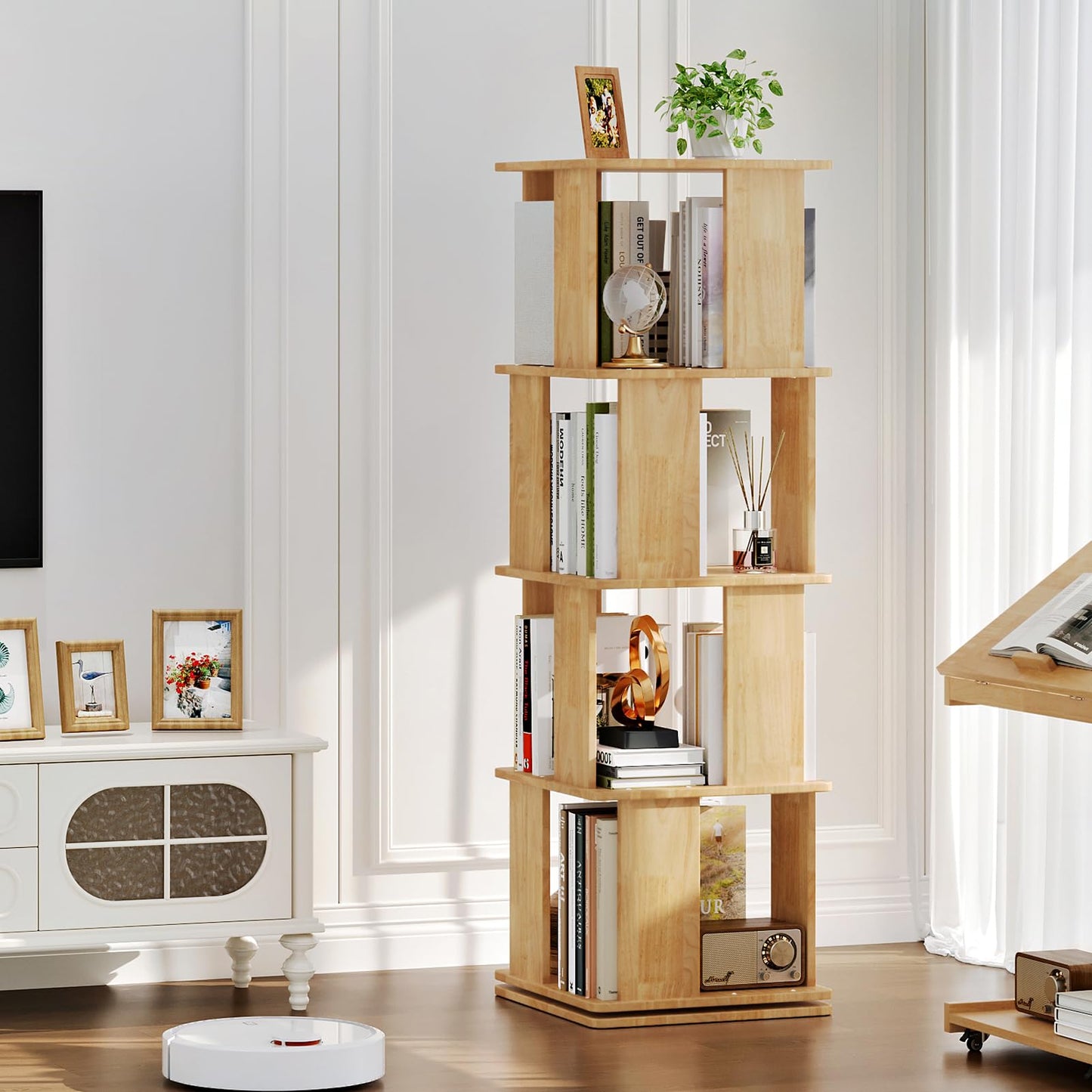 Natural Wooden 4-Tier 360° Rotating Bookshelf Tower, Stable Square Spinning Revolving Corner Bookcase, Floor Standing Narrow Storage Organizer for Kids & Adults, Space Saving Book Rack for Bedroom