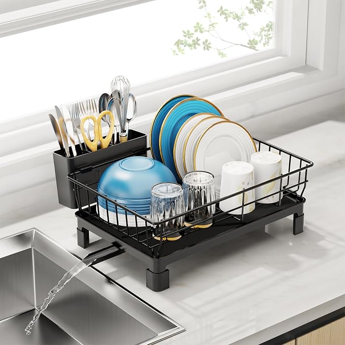 GSlife Small Dish Drying Rack for Kitchen Counter with Drainboard - Compact Dish Drainer for RV, Camper and Apartment, Rust-Resistant Wire Rack with Utensil Holder, 15"L x 10"W, Black