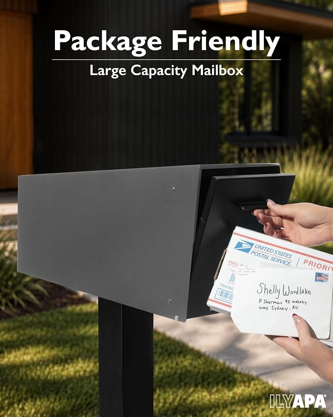 Ilyapa Modern Mailbox with Angle Design Post Mount - Gray Powder Coated Metal Mailbox with Black Door - Waterproof for Parcels, with Magnetic Door