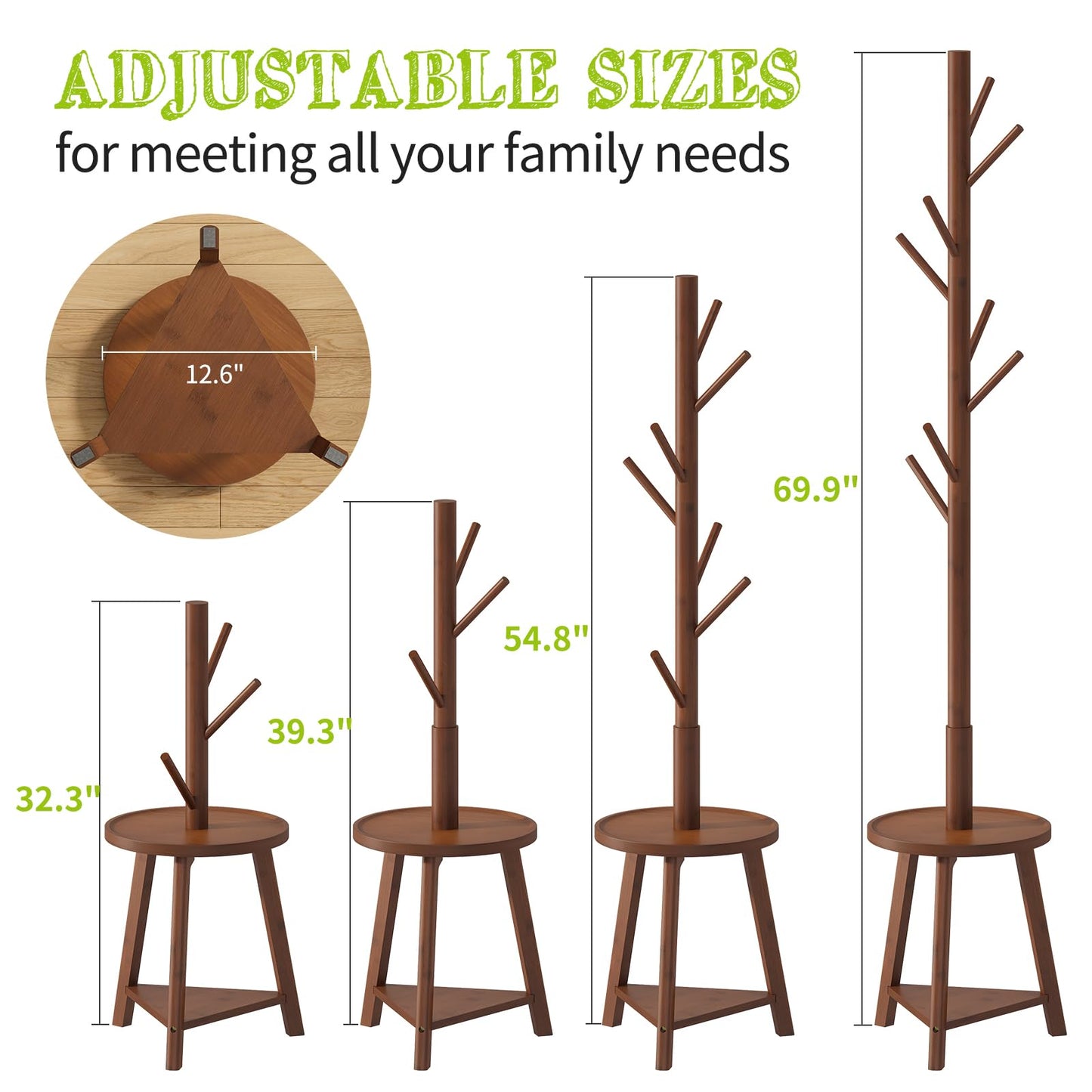 BMOSU Coat Rack freestanding Stand with 2 Shelves Bamboo Wooden Coat Tree Easy Assembly 8 Hooks Standing Jackets Hanger Hallway Office Floor Coat Stand Brown
