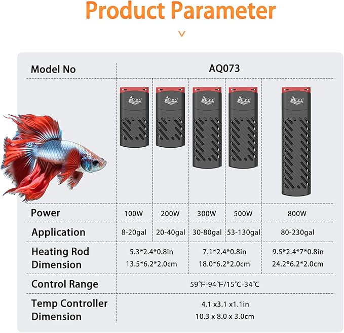 AQQA PTC Fish Tank Heater 500W for Aquarium 53-130 Gal Submersible with External Digital Controller Adjustable Temp Range 59-94℉ Overheat & Out-of-Water Auto Shut-Off Protection (500W for 53-130Gal)