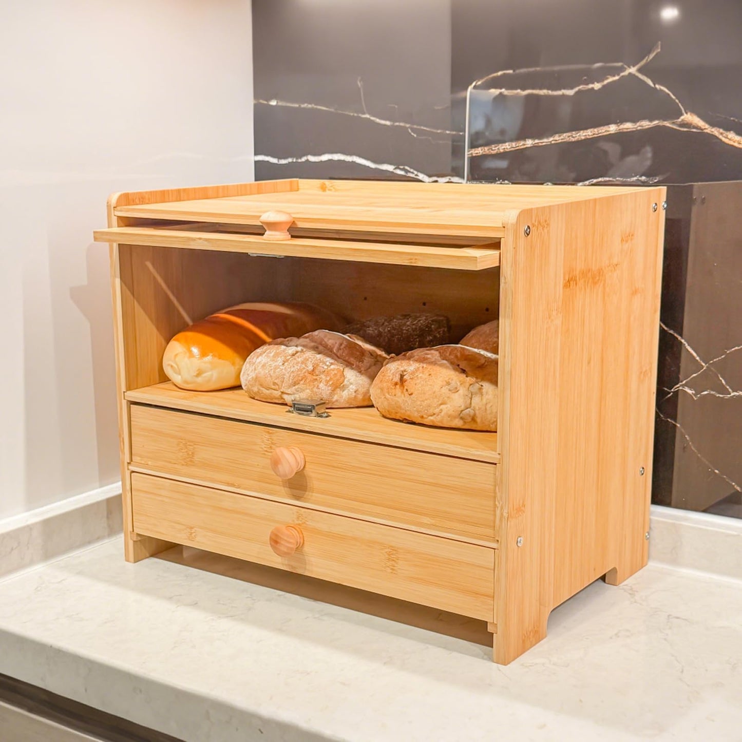 Aromfentu Bamboo Bread Box for Kitchen Countertop & Dining Room,Wooden Storage with Display Compartment & Built-in Bread Slicer,Eco-Friendly Organizer for Homemakers, Bakers & Bread Lovers 