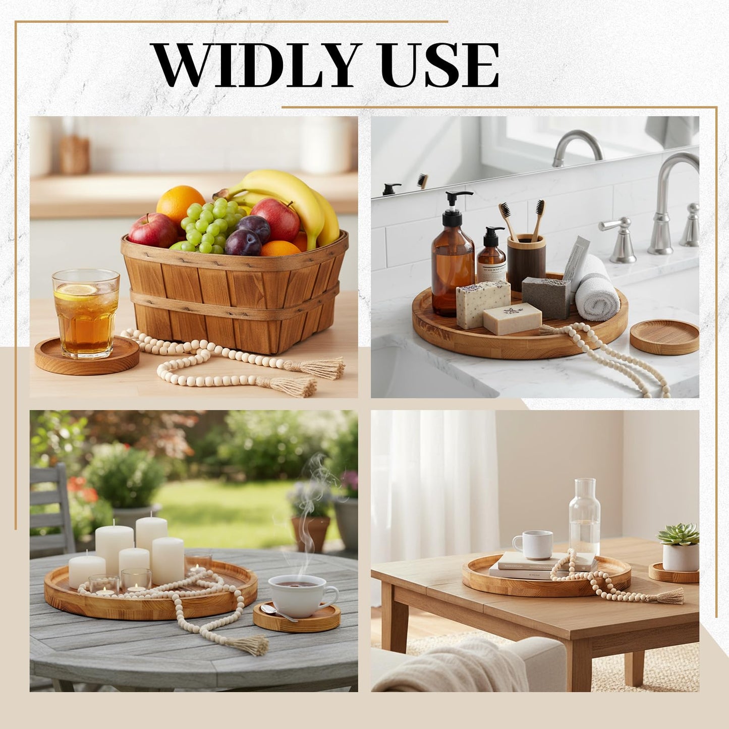 Acellegic Boho Table Centerpieces Set 1 Wood Decorative Tray, 6 Wooden Coasters for Drinks and 1 Farmhouse Beads for Home, Bedroom, Coffee Table, Sofa Area, Farmhouse, Office, Bar