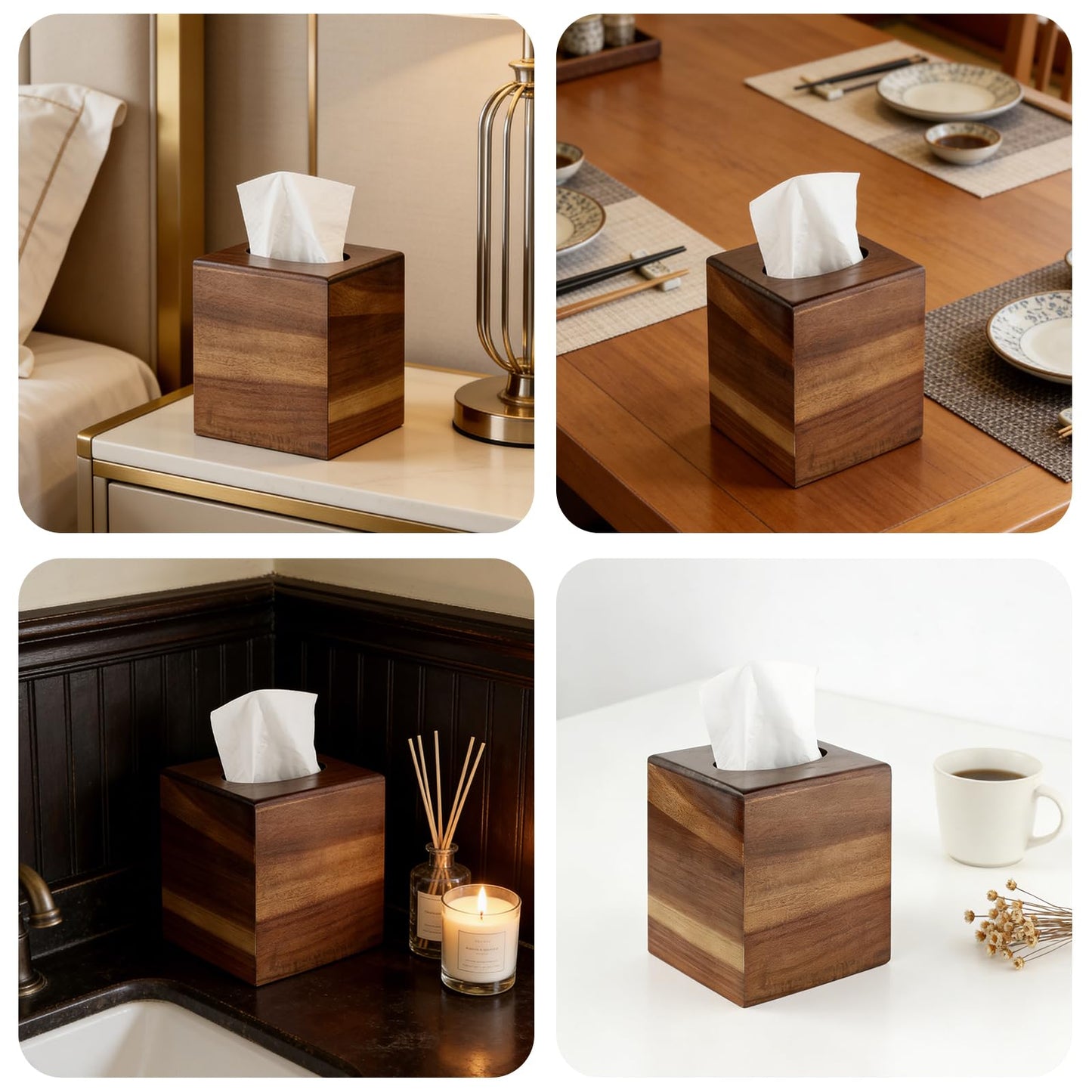 Tissue Box Cover,Square Wooden Tissue Holder with Slide-Out Bottom, Acacia Wood Facial Paper Holder for Bathroom,Living Room,Office, Decorative Cube Facial Tissue Box Cover,Modern Farmhouse Style