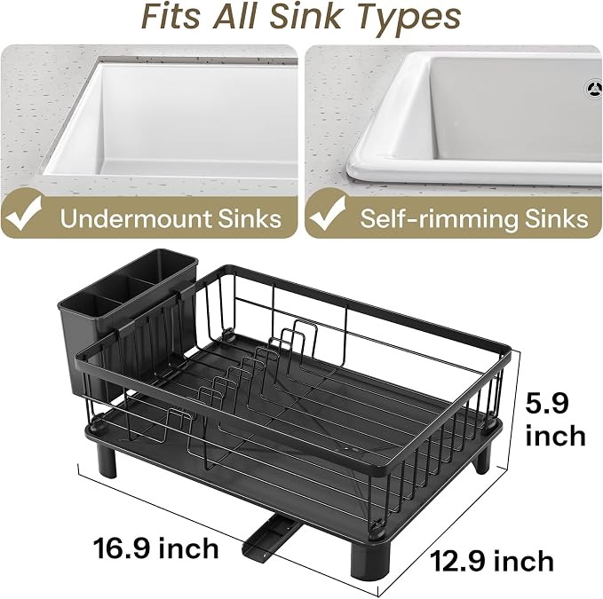 SNTD Dish Drying Rack - Small Dish Rack for Kitchen Counter, Stainless Steel Dish Drainer with Utensil Holder and Drainboard, 12.9" W x 16.9" L (Black)