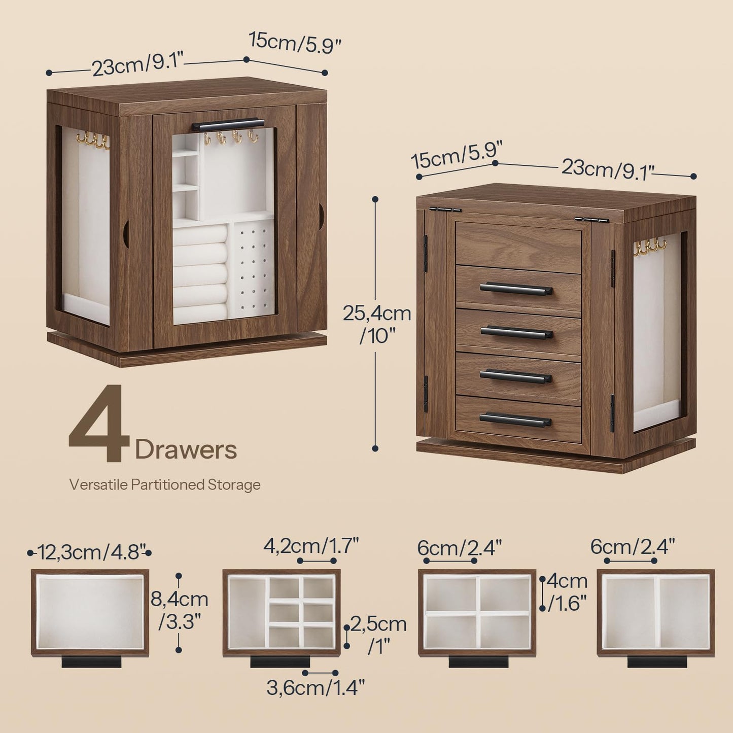 HOOBRO 5-Tier Jewelry Box, Wooden Jewelry Organizer with Transparent Windows and 360° Rotating Jewelry Box with Mirror, Jewelry Organizer with 4 Drawers Bundle, BH19JB04-BH31JB04