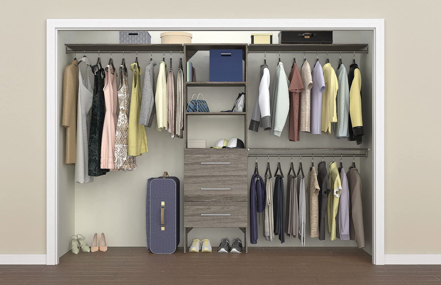 ClosetMaid SuiteSymphony Wood Closet Organizer Kit with Tower, 3 Hang Rods, Top Shelves, 3 Drawers, Modern, Fits Spaces 7 - 10 ft. Wide, Graphite Grey
