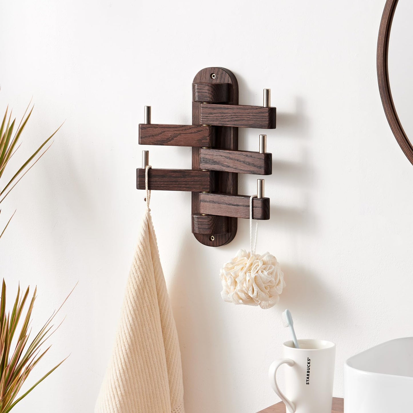 TREOAKWIS Walnut Wood Coat Hooks, Coat Rack Wall Mount Swivel & Heavy Duty Wall Hooks for Bedroom, Entryway, Living Room, Bathroom,Office, Classroom