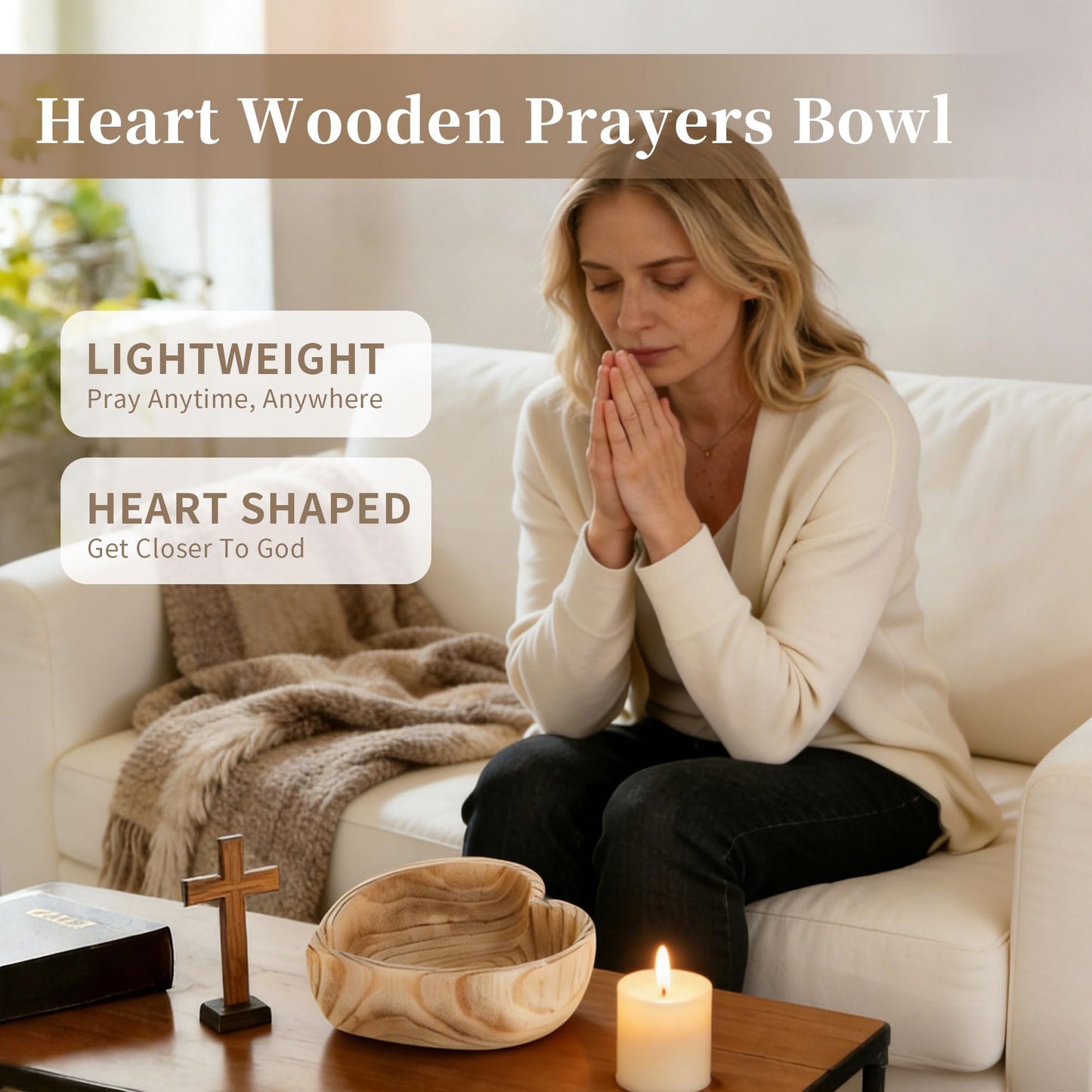 Hanobe Decorative Bowls for Entryway Decor: Small Heart Shaped Wood Key Bowl for Coffee Table Decor - Neutral Prayer Bowls for Home Kitchen Living Room, 7.8"