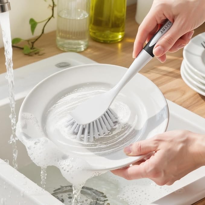 Amazer 4 Pack Dish Brush with Handle, Kitchen Scrub Brushes for Cleaning, Straw Cleaner Brushes for Water Bottle, Dish Scrubber with Stiff Bristles for Sink
