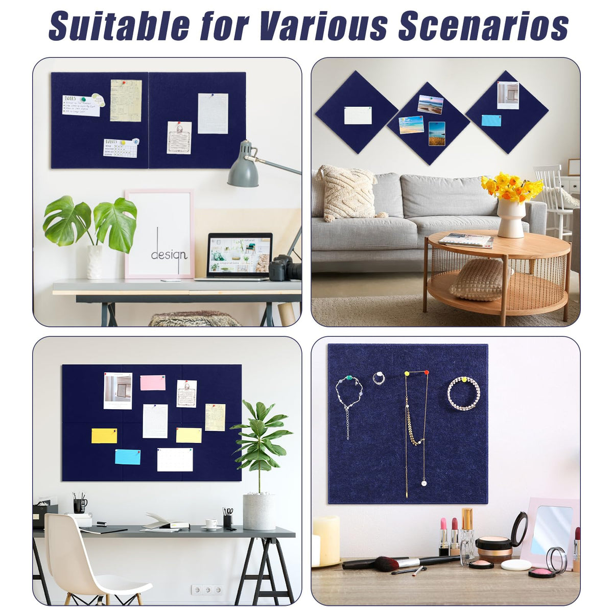 Large Cork Board 36" x 24", 6 Pack Felt Bulletin Board with 30 Pushpins, Cork Boards Alternative with Self-Adhesive Strips, Felt Wall Tiles Pin Boards for Walls Office Home School Decor-Dark Blue