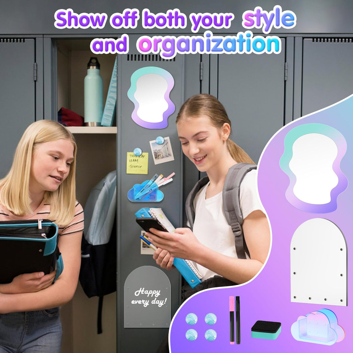 MoKo Locker Accessories Set, 5 in 1 Back to School Supplies College Essentials Includes Magnetic Acrylic Board, Locker Mirror, Markers Holder,Marker Pens and Locker Magnets