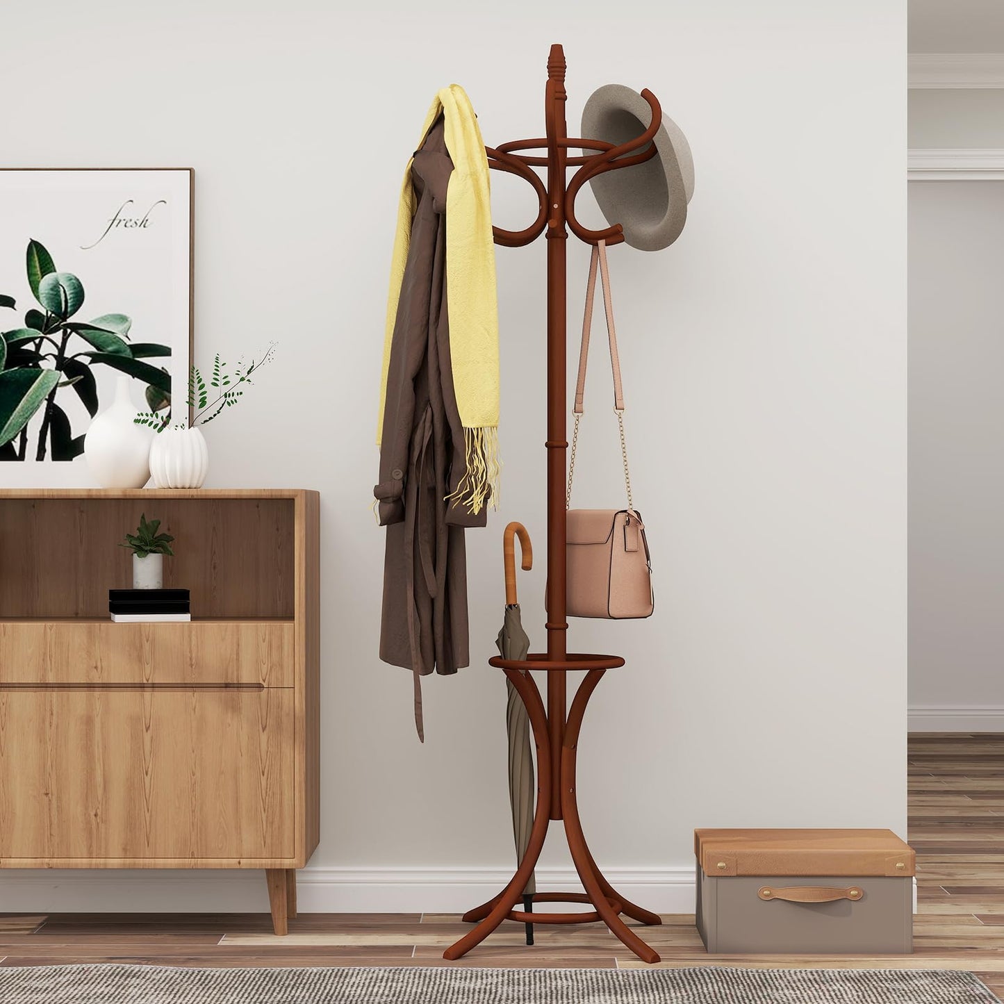 GOFLAME 73" Coat Rack Freestanding, Wooden Coat Tree with 12 Hooks and Umbrella Stand, Entryway Hall Tree, Hat Hanger Organizer, Coat Rack Stand for Coats, Hats, Scarves, Easy Assembly, Reddish Brown