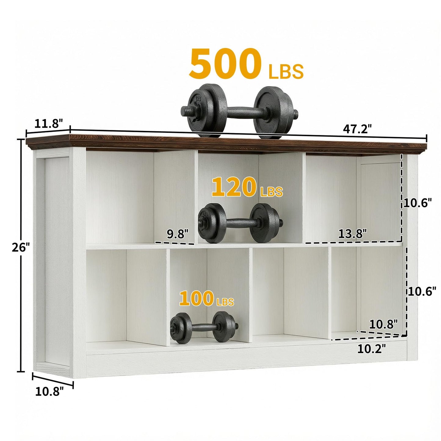 Unikito 7 Cube Storage Book Shelf - 47" Wide Wood Cube Storage Organizer, Wooden 2 Tiers Floor Standing Low Bookcase for Living Room, Bedroom, Home Office, Kids Room, Rustic White and Brown