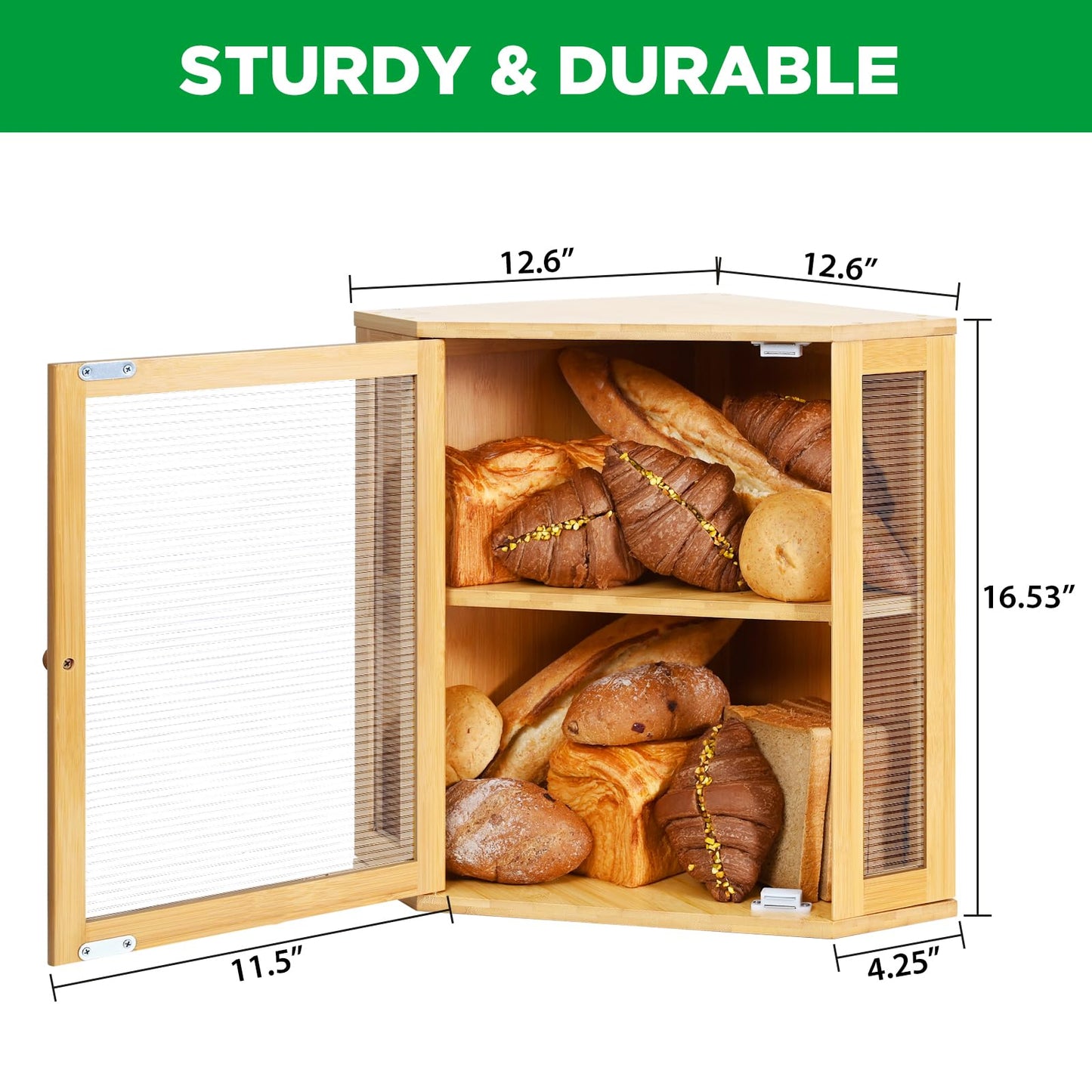 Ollieroo Bread Box,Bamboo Bread Container,Double Layer Large Capacity Storage Bins,Kitchen Countertop Bread Box,Bread Saver with Acrylic Wavy Door Panel,Bamboo,Extra Large