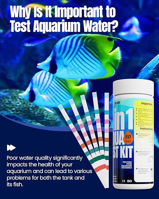 Aquarium Test Strips - 8-in-1 Aquarium Water Test Kit: Fish Tank Testing Kit for Freshwater & Saltwater, 50 Strips,Fast & Accurate Ammonia, pH, Hardness, & More, Lead Water Test Kit for Ponds