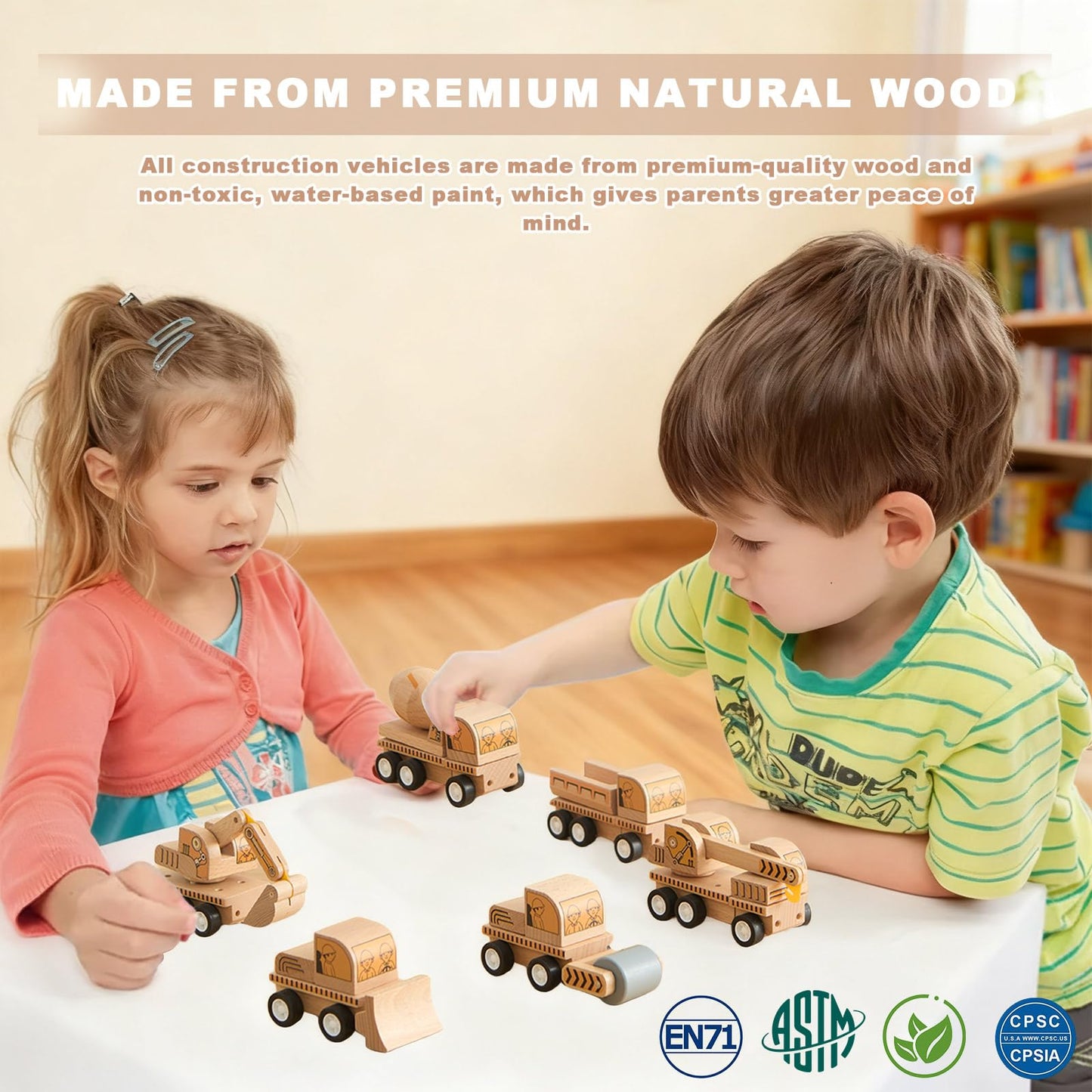 Udeas 6-Piece Wooden Construction Vehicle Toys Set with Bulldozer, Excavator, Crane, Dump Truck – Montessori Toddler Toys Ages 2-4, All-Natural Safe Push & Go Gift for Boys & Girls