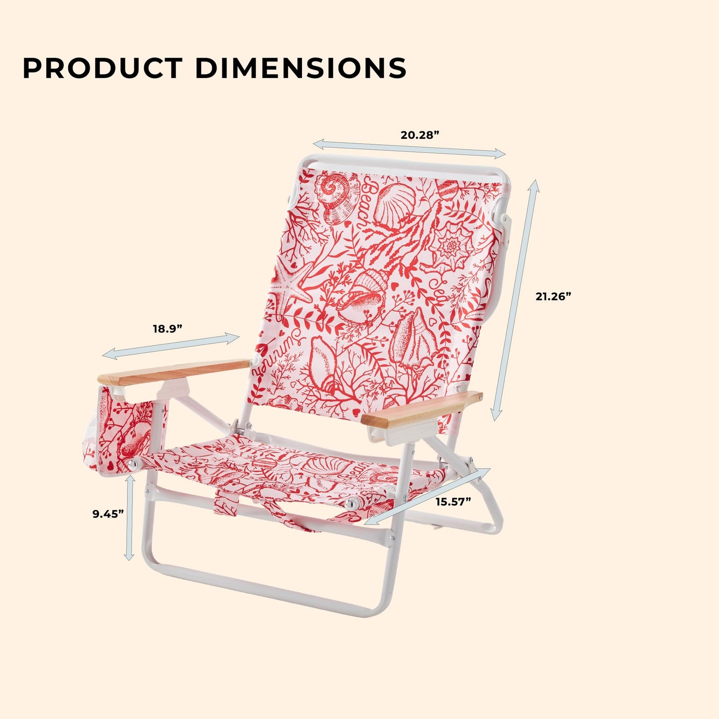 DEER LAND 5-Position Low Beach Chair, Portable Lightweight Folding Beach Chair with Wooden Armrests, Storage Pouch & Carry Strap, Coastal Beach Print – Reef Crimson