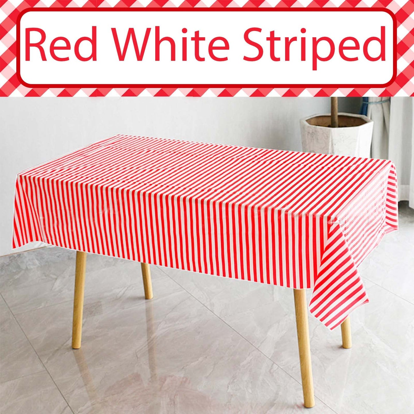 POPOYU 2Pcs Red Stripe Table Cloth,Circus Red and White Party Decorations,Red and White Candy Stripe Plastic Table Covers,Circus Table Decorations for Circus,Movie Night,Carnival Party Supplies
