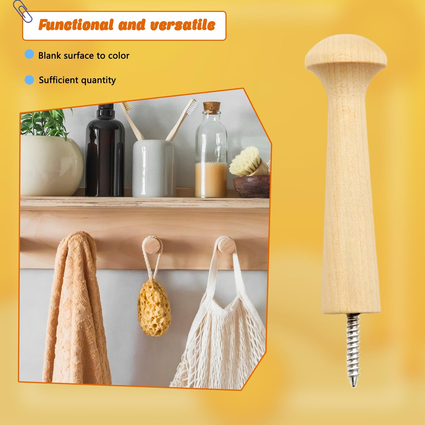 Kugliwa 36 Pcs Wooden Shaker Peg Unfinished Wood Shaker Racks DIY Wood Wall Hooks with Screws for Hanging Clothes Hats, 3.62 Inches