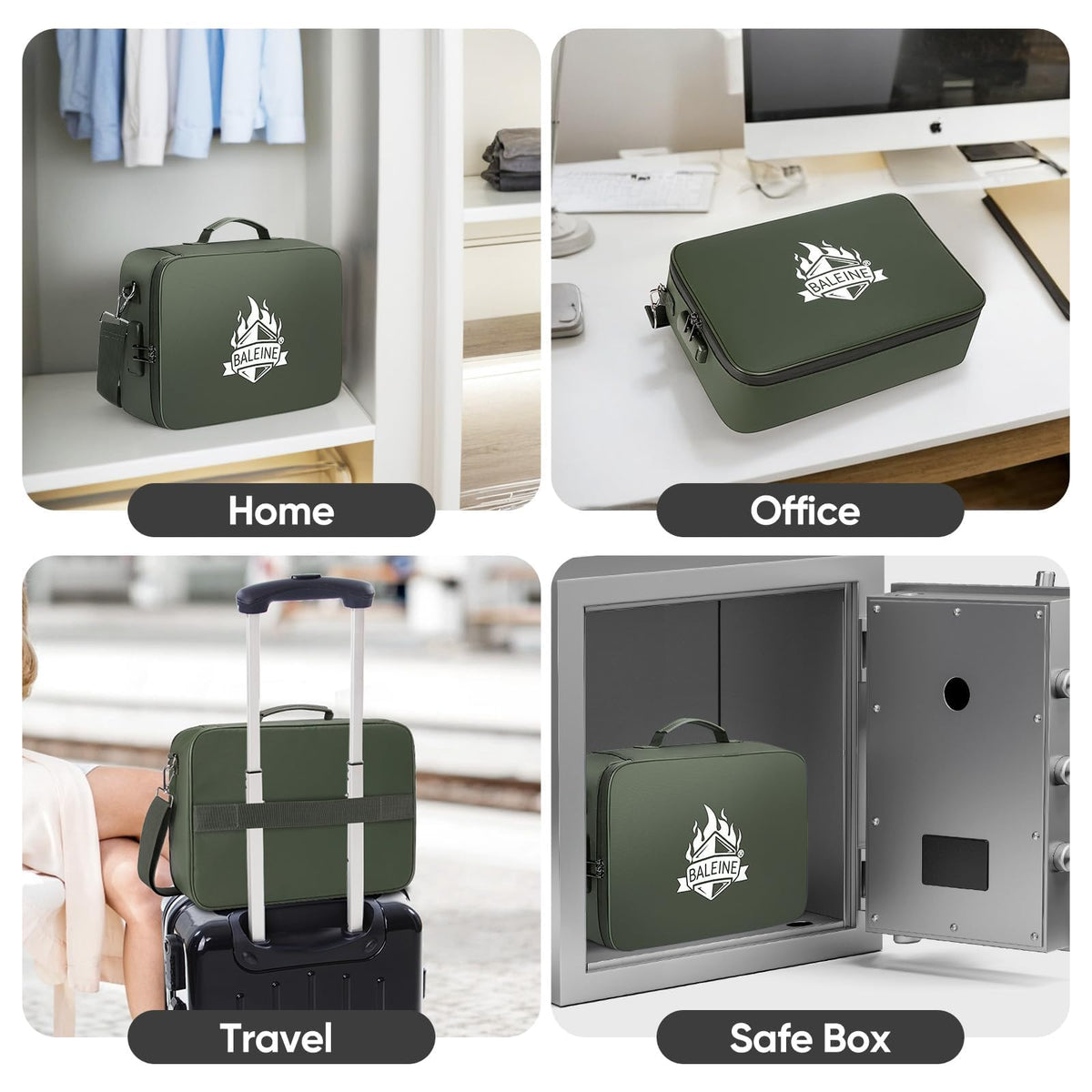 BALEINE Fireproof Document Box with Lock, Portable Fireproof Document Bag Waterproof Fire Proof File Boxes for Documents, File Organizer Box for Important Paperwork (Green, 15''x11''x4'')