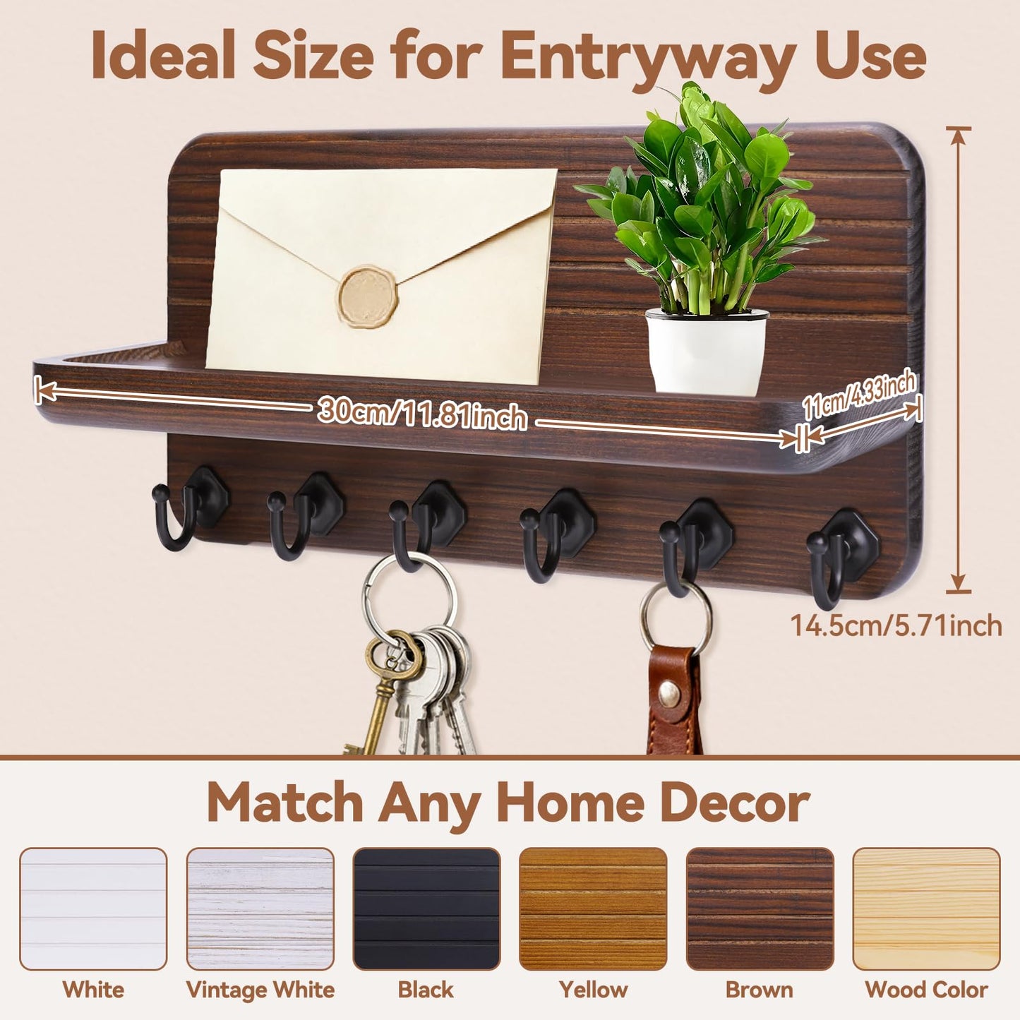 Kldgris Key Holder for Wall, Mail Organizer Wall Mount with 6 Hooks Wooden Hanging Key Rack for Home Decor, Hallway, Entryway (Brown)