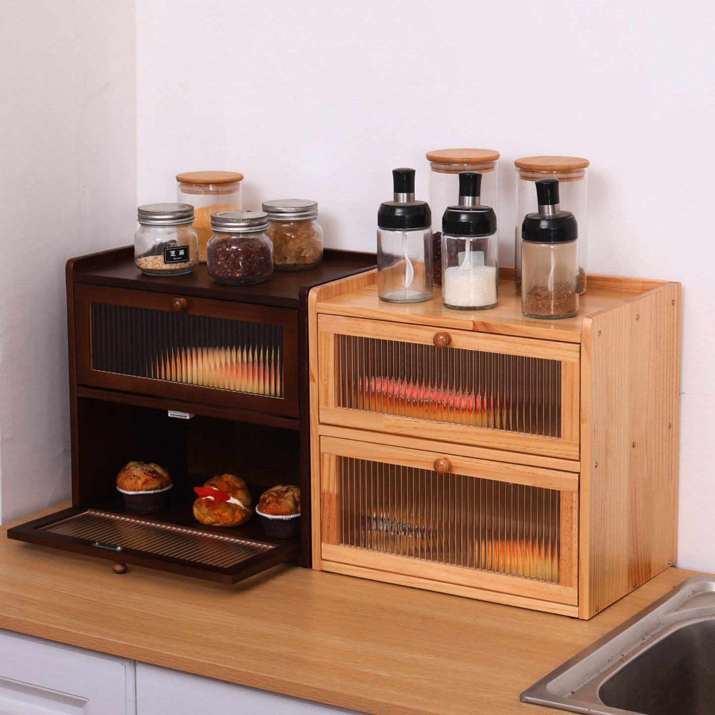 FDHUIJIA Double 2 Layer Large Bread Box for Kitchen Counter, Wooden Bread Storage Container Organizer Holder with Acrylic Window (brown)