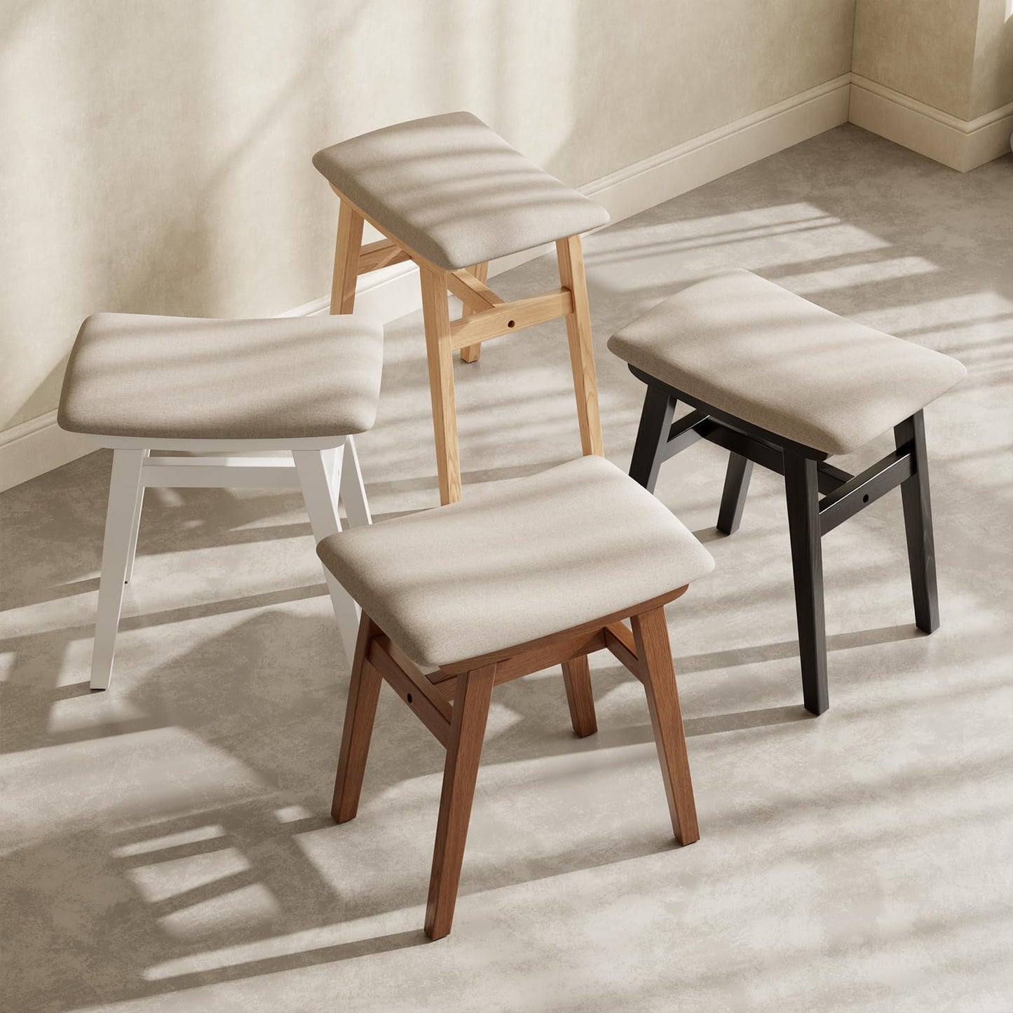 Muwuele Solid Wood Vanity Stool, Compact Makeup Chair with Saddle Cushion, Linen-Covered High Rebound Sponge Seat, Easy Assembly Footstool for Bedroom, Entryway, Home, Natural