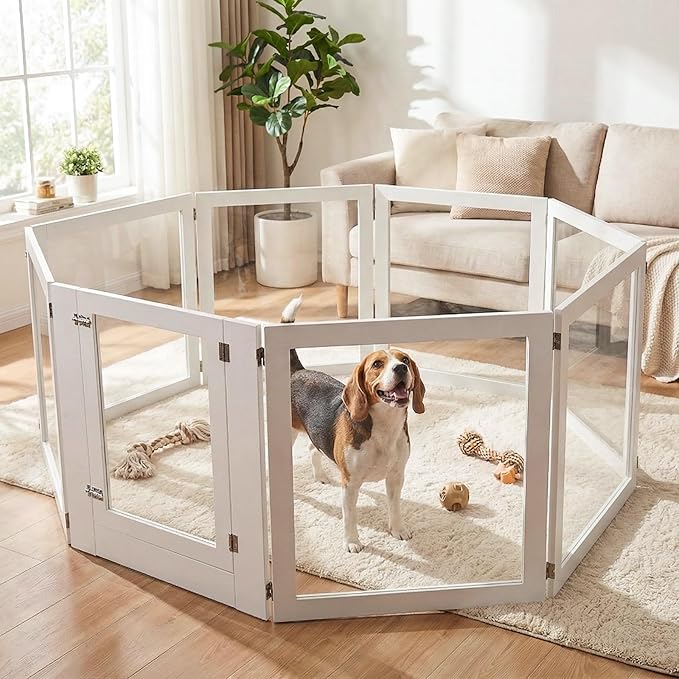 Heavy Duty Clear Acrylic Dog Playpen for Small/Medium Pets โ 32" High Clear Pet Pen with Sturdy Metal Frame, Walk-in Kennel, Expandable Indoor & Outdoor Pet Play Yard