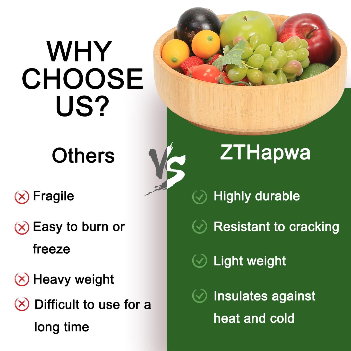 ZTHapwa Large Fruit Bowl for Kitchen Counter, 10 Inch Bamboo Wooden Straight-Side Serving Bowl for Salad, Vegetables and Fruits, Rustic Decorative Bowls for Dinner Table Centerpiece Decor, 100 Oz