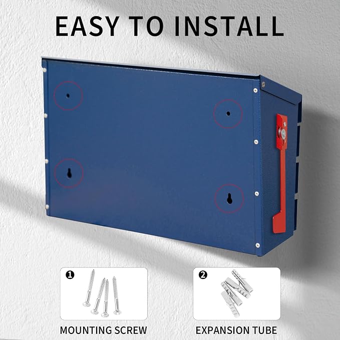 Wall Mount Mailbox for House Outside, Large Capacity Mailbox with Flag Drop Box, Galvanized Steel and Rust-Proof Metal Post Box, 15.74"x9.84"x4.33", Blue, MD065