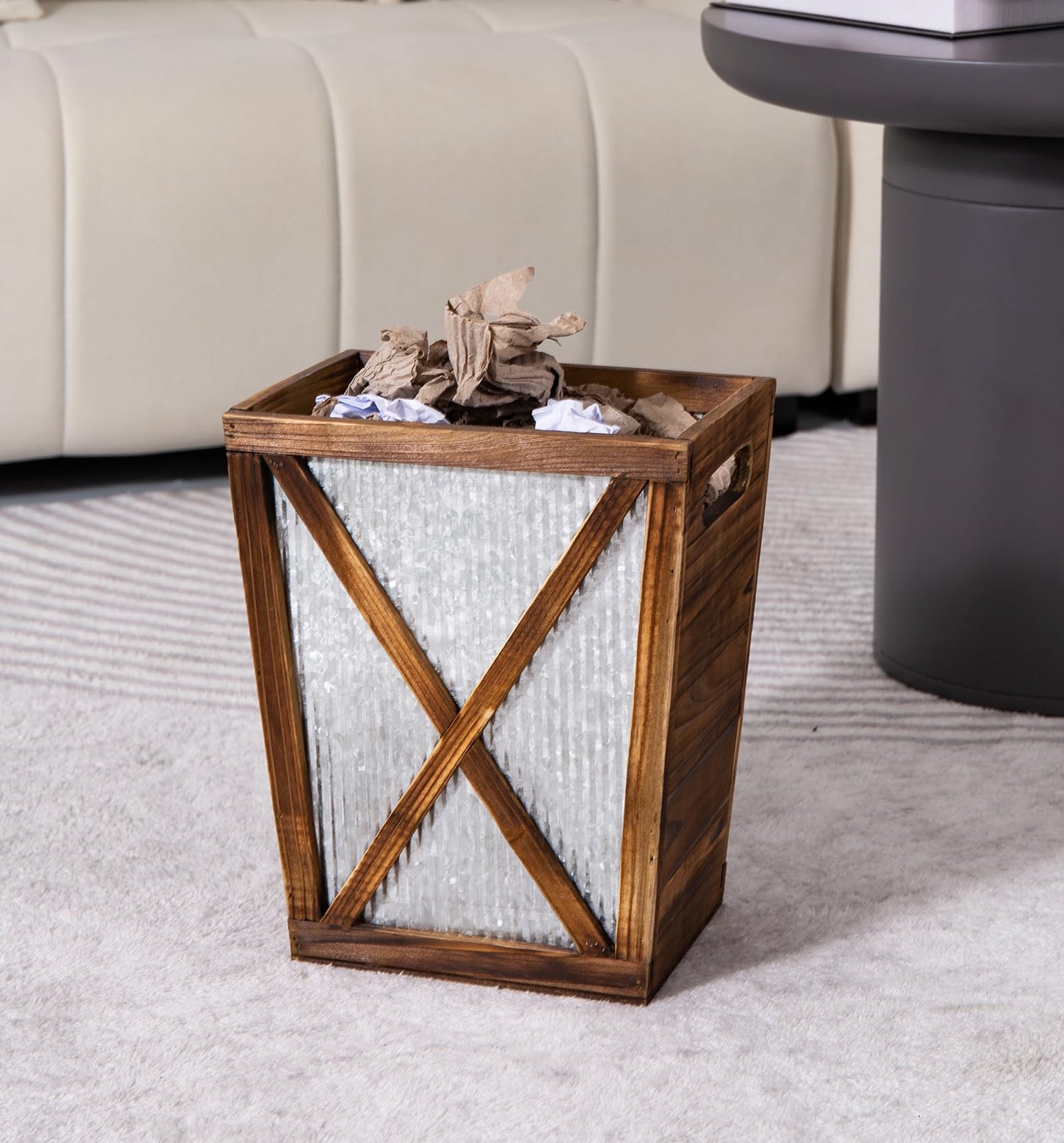 Venalys Small Wood Trash Can Wastebasket, Decorative Barn Door Garbage Can Waste Basket, Rustic Distressed Rectangular Trash Bin, Farmhouse Wooden Storage Basket Waste Paper Bin (Brown)