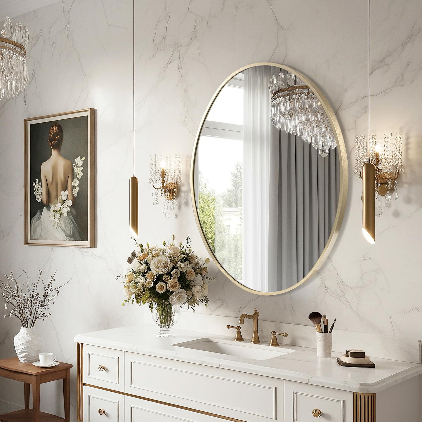 JENBELY Oval Wall Mirror, 22"x30" Gold Oval Vanity Mirror, Bathroom Mirror of Metal Frame, Home Decorative Wall Mounted Mirror for Bathroom, Living Room, Entryway, Vanity