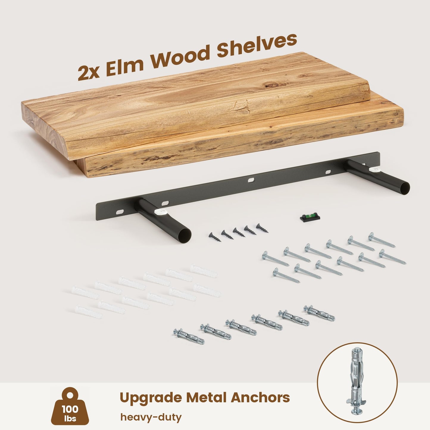 Live Edge Floating Shelves for Wall Decor, Solid Elm Wood Floating Shelves Wall Mounted, Rustic Wall Shelves with Invisible Bracket for Living Room Bathroom Bedroom Kitchen, 24 Inch Set of 2, Natural