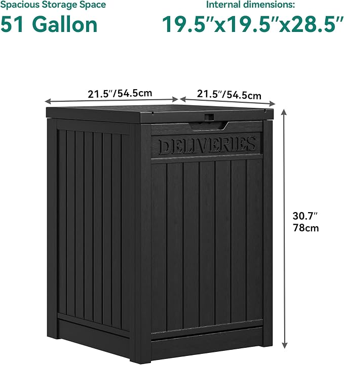 YITAHOME 51 Gallon Resin Package Delivery Box for Outside, Storage Box with Lockable Secure, Resin Deck Box for Porch, Curbside(Black)