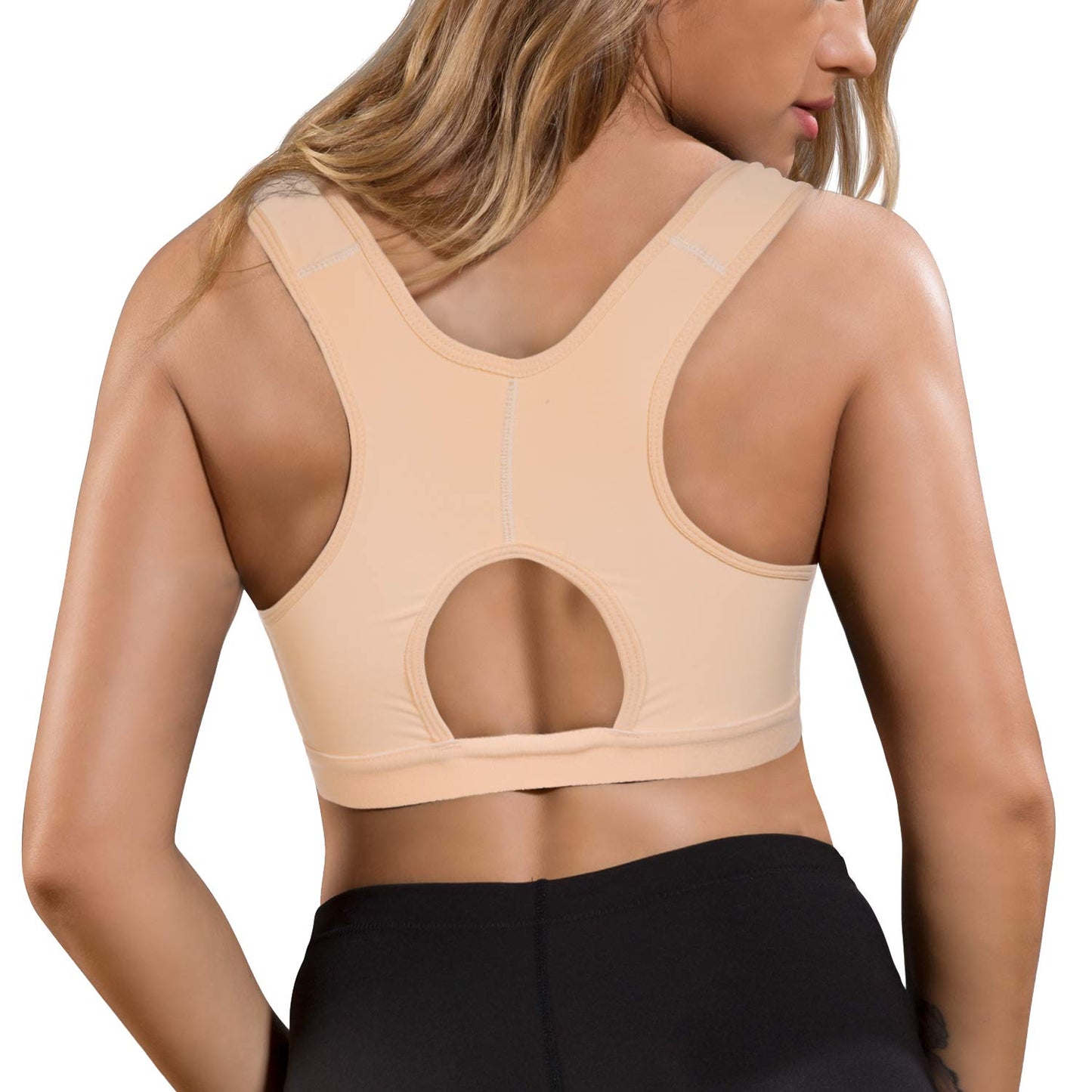 Wonderience Sports Support Bra Post-Surgical Wide Adjustable Straps with Front Closure Wirefree (Beige, Large)