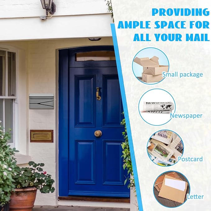 Yaocom Wall Mount Mailbox Large Capacity Mailbox for Outside Galvanized Steel Rustproof Metal Mail Drop Post Modern Collection Box Postbox 15.75" x 9.84" x 4.33", No Key Locking (Grey,No Flag)