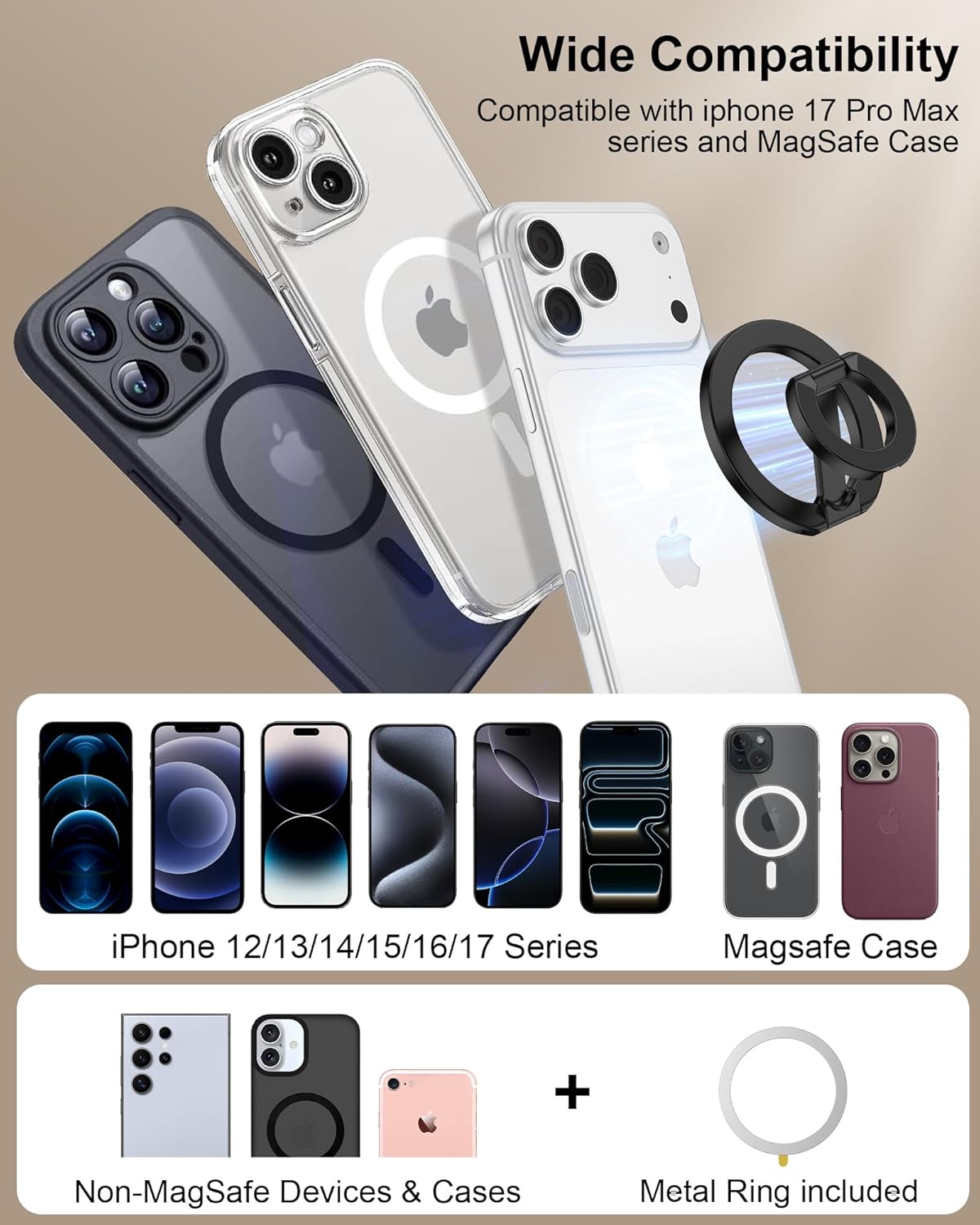 MagSafe Phone Grip Holder Dual-Sided Magnetic Finger Ring Adjustable Kickstand Loop for iPhone 17/16 Pro Max/15 Plus/14 Pro/13 Mini/12, Samsung, Magnet Phone Stand Grip Compatible with Mag Car Mounts
