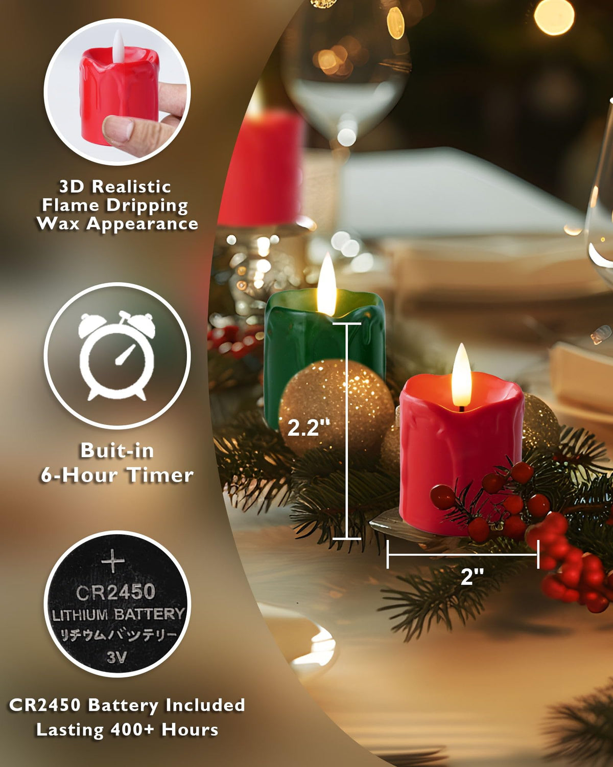 Homemory 2" x 2" Green & Red Timer Flickering Flameless Candles, 400+ Hour Battery Operated Votive Candles, 6Pack 3D Wick Electric Fake Candles for Party, Christmas, Halloween and Festival Celebration