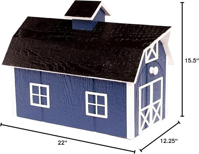 Deluxe Wooden Mailbox, Dutch Barn Style (Navy Blue with White Trim)
