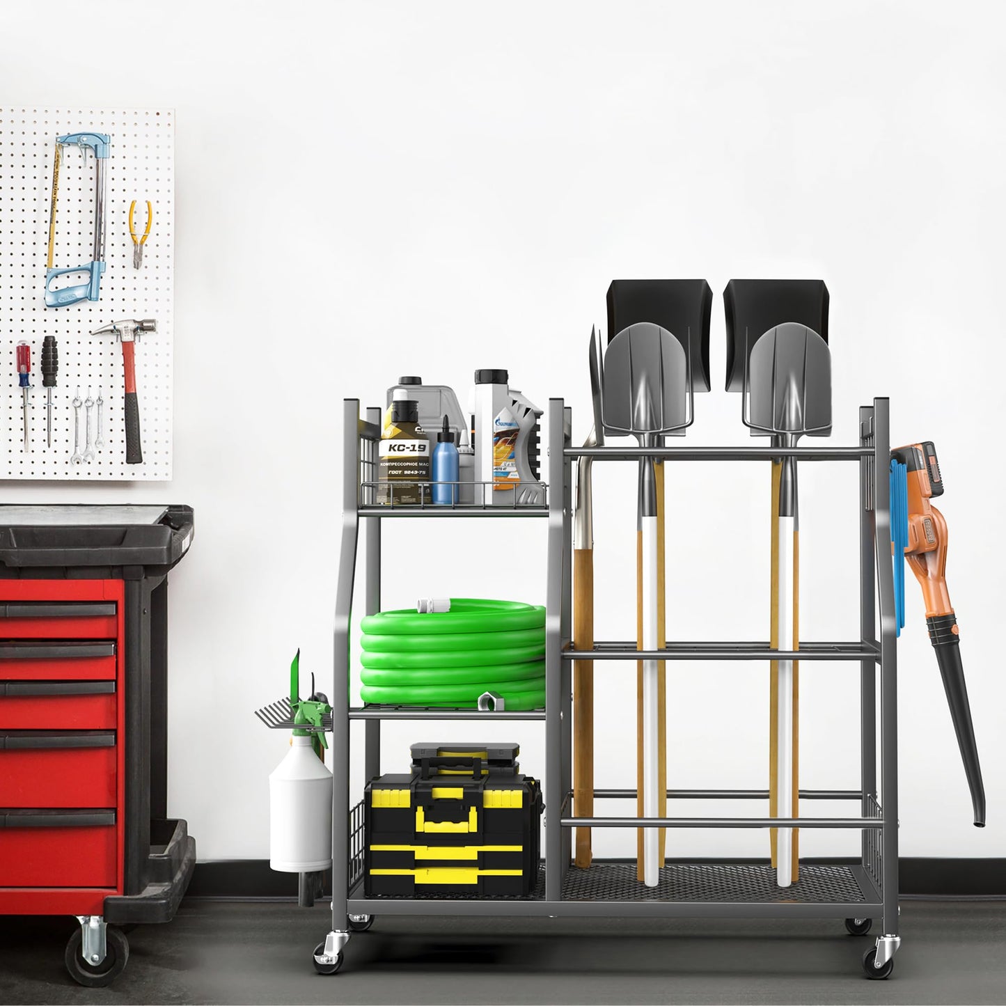 EVERHANGER Garden Tool Organizer Stand, Garage Tool Storage Organization, Yard Tool Racks with lockable wheels, Fit for Long-Handled Tools/Rakes/Brooms