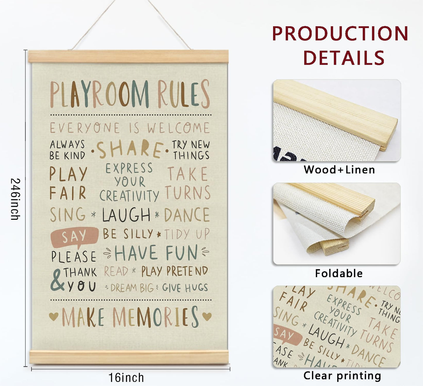 foedor Playroom Wall Decor,Play Room Rules Wall Decor for Kids Play Game Room Bedroom Nursery Home School Playroom Essentials, Boho Nursery Decor for Kids Room Nursery Home school,16x24 Inch