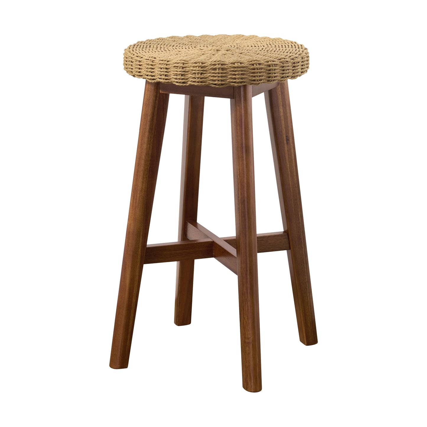 Alaterre Furniture Calais Round Bar Stool with Woven Seat - 24in Counter Height Bar Stools Backless for Kitchen, Bar or Dining Room - Wooden Barstool (Chestnut Finish)