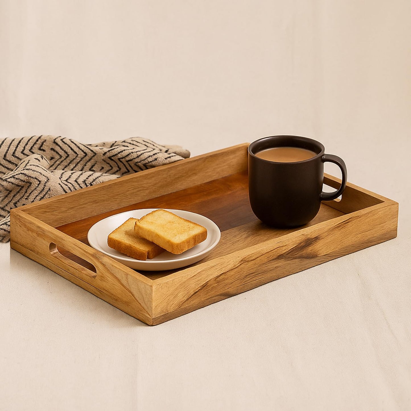 Mela Artisans 15” x 10” x 1.75” Mango Wood Serving Tray with Handles – Rectangular Edge Natural Finish – Handcrafted Wooden Serving Board for Breakfast, Coffee & Home Décor