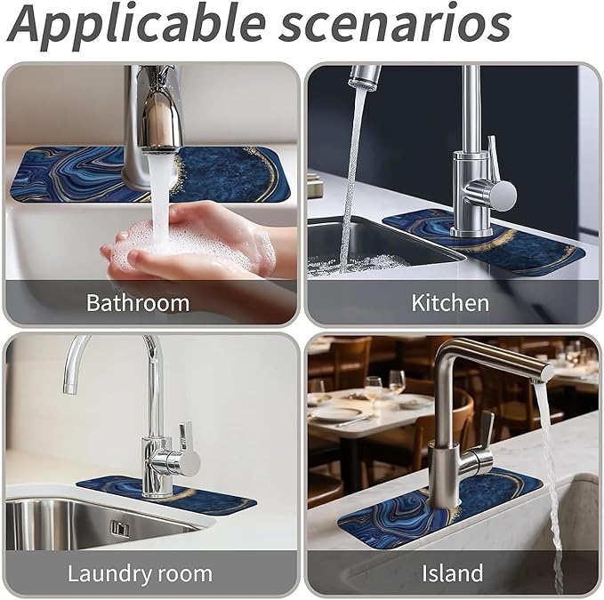 Kitchen Sink Splash Guard,Dark blue gold marble Faucet Mat Sink Gadgets-Super