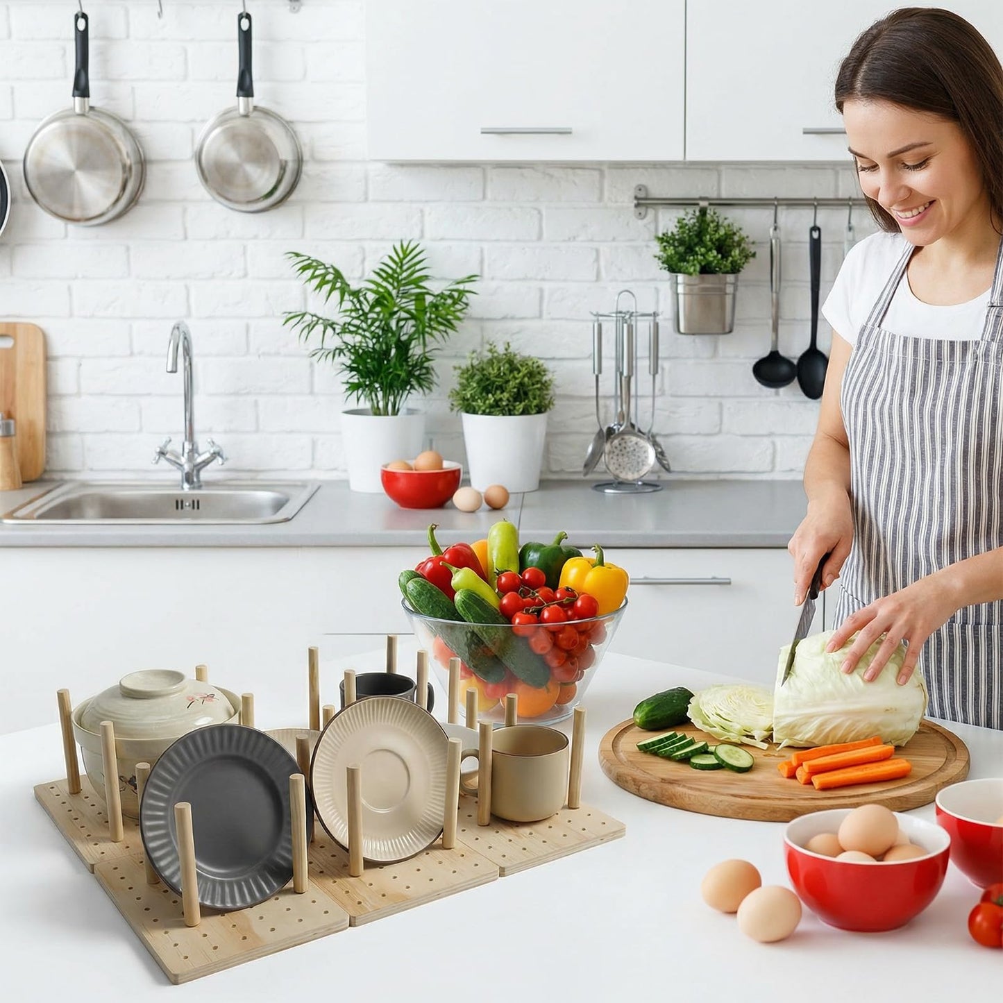 Afcabakila 3Pcs Wood Pegboard Drawer Organizer with 32 Pegs Wooden Peg Board System for Kitchen Dishes Plate 17 x 5.91 in Natural Wood Color